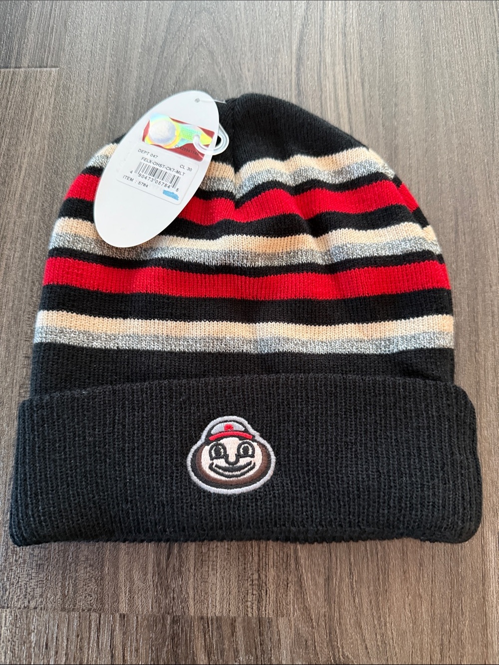 NWT Striped Brutus Buckeye Beanie Hat with Mascot Patch - Black/Red/Cream